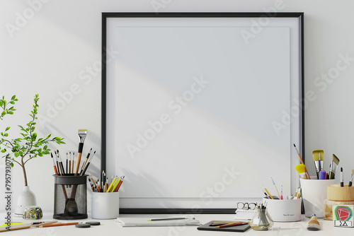 Minimalist workspace with vertical empty frame against white wall, adorned with sleek office decor and artist supplies. Hygge-inspired interior design. photo