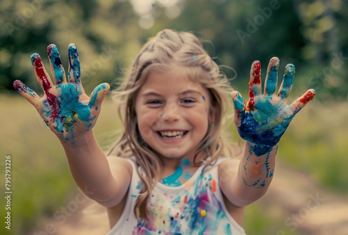 a girl with paint on her hands