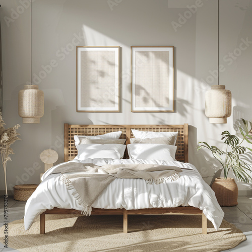 Modern bedroom mockup featuring elegant frames and a stylish wooden bed, captured in full Ultra HD clarity. --v 6.0 - Image #1 @Kashif photo