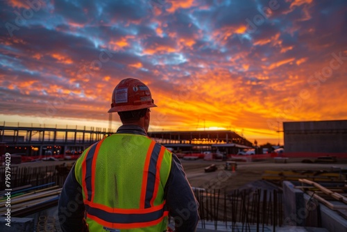 Construction worker in highvisibility clothing gazes at sunset over site