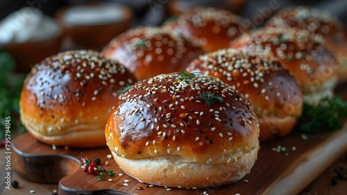 Sesame Seed Hamburger Buns and Homemade Brioche: Freshly Baked Goodness. Concept Baking Bread, Delicious Buns, Homemade Brioche, Sesame Seed Goodness