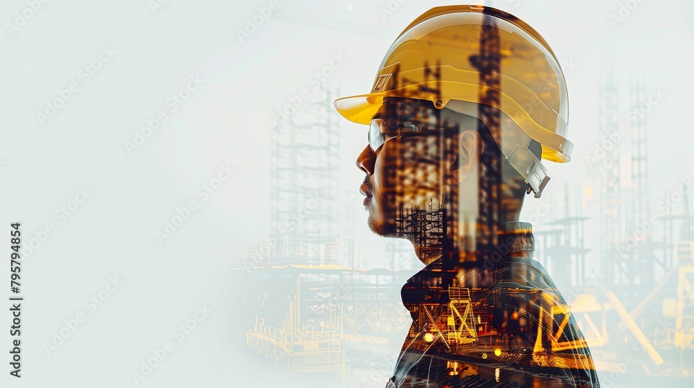 Double exposure of a man engineer wearing a yellow helmet Double exposure of a man engineer wearing a yellow helmet