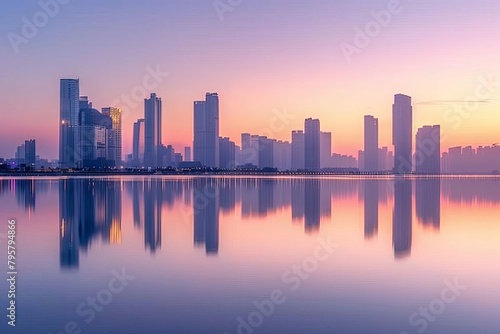 modern city skyline at sunset futuristic skyscrapers and clear water reflection