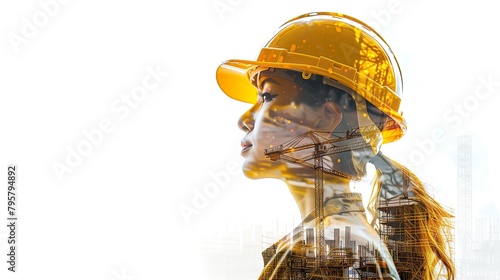 Double exposure of a woman engineer wearing a yellow helmet and a construction site