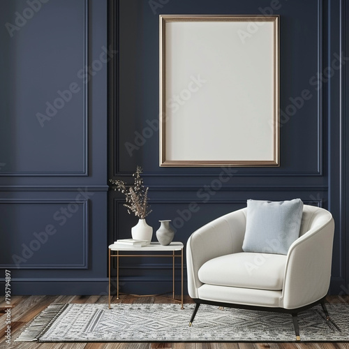 Modern room featuring a stylish frame mockup against a dark blue wall, creating a striking contrast. 3D render with impeccable detail in full ultra HD resolution. --v 6.0 - Image #2 @Kashif photo