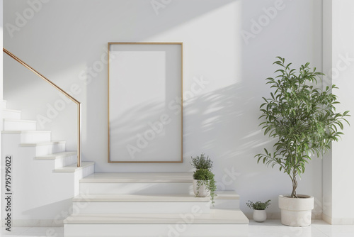 Modern Scandinavian interior mockup featuring a sleek staircase, pristine white walls, and a vertical blank frame for customizable artwork