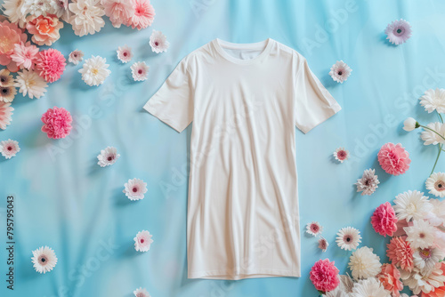 blank cream t-shirt mockup with vibrant floral pattern background for fashion © Klay