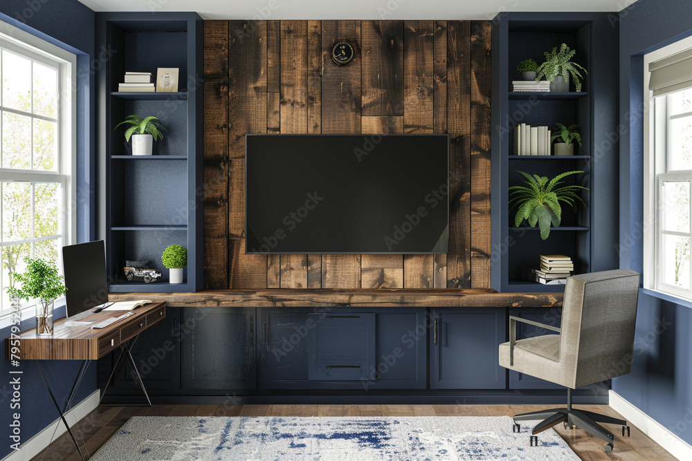 Modern Wooden Home Office with Dark Blue Walls and TV Mockup Modern Wooden Home Office with Dark Blue Walls and TV Mockup