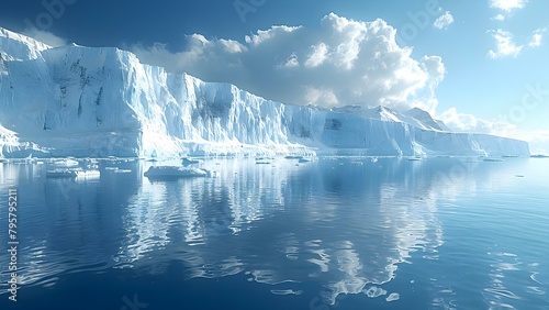 D Rendering of Icebergs Reflected in Deep Water on a Sunny Day in Antarctica. Concept 3D Rendering  Icebergs  Deep Water  Sunny Day  Antarctica