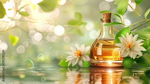 Pushing towards a bottle of essential oils surrounded by flowers, leaves, bright lights and reflective water. Background for wellness, massage, aromatherapy or spa. photo