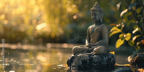 Buddha statue serenely reflected in a tranquil pond  embodying peace and harmony.         