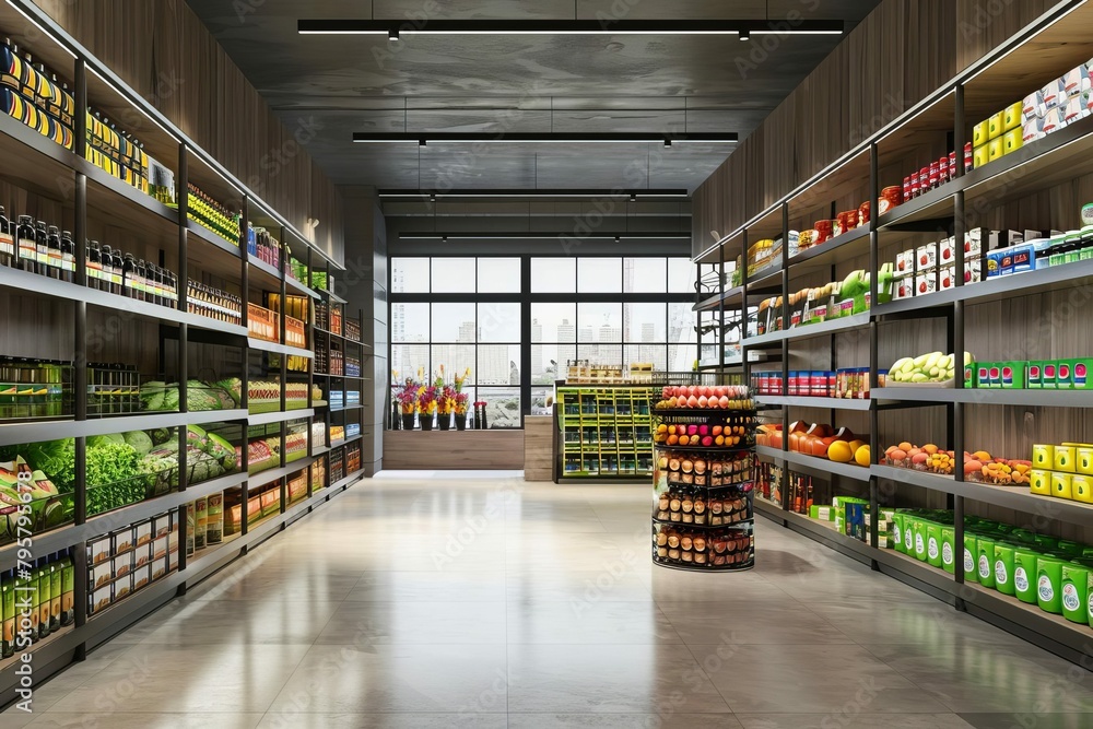 modern supermarket interior with shelves filled with various goods and products 3d illustration