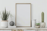 Serene office environment with a vertical frame mockup, adorned with simple yet stylish decor elements against a neutral white backdrop. Embracing the essence of Scandinavian hygge.