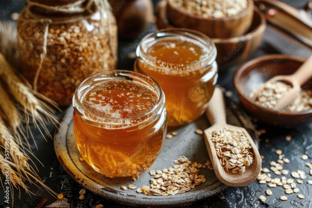 Honey and Oats Still Life Display with Rich Amber Colors and Textural Details Honey and Oats Still Life Display with Rich Amber Colors and Textural Details
