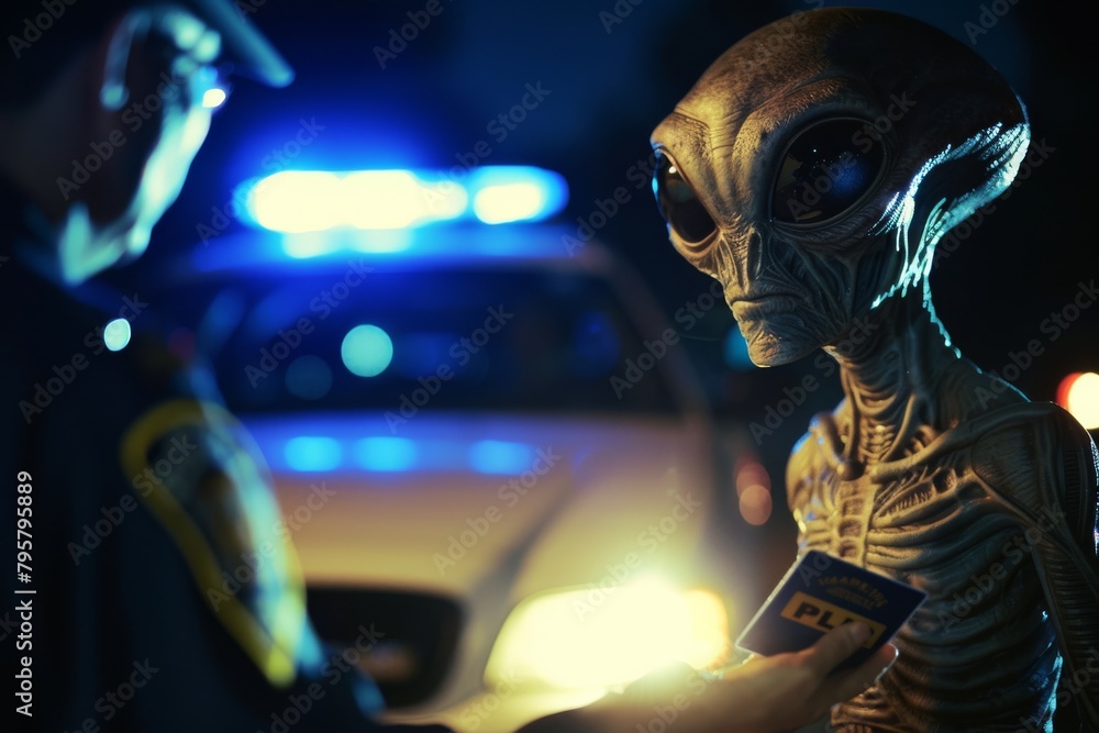 A captivating scene with a detailed alien figure being questioned by a police officer, illuminated by police car lights A captivating scene with a detailed alien figure being questioned by a police officer, illuminated by police car lights