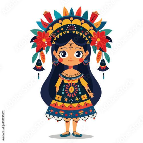 A girl from Mexica wearing a colorful dress and a flower headdress