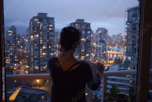 A young woman stands on a balcony at twilight, soaking in the panoramic view of a city's twinkling lights and busy streets