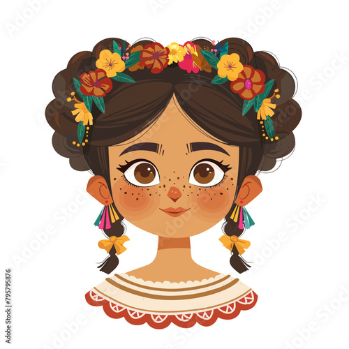 A girl from Mexica with a flower headband and a smile on her face