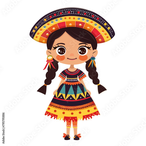 A girl from Mexica wearing a colorful dress and a hat