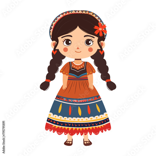 A girl from Mexica wearing a colorful dress with a flower in her hair