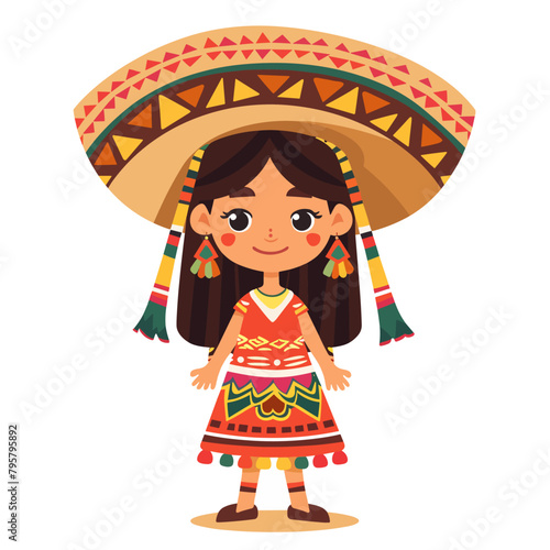 A girl from Mexica wearing a colorful dress and a sombrero