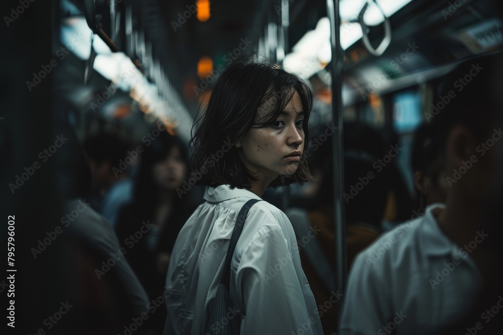 A young woman looking pensive while standing in a crowded subway train with blurred figures