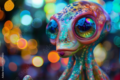 An intricately designed alien figurine pops against a backdrop of mesmerizing bokeh lights, highlighting the contrast between imaginary life forms and artistic photography © ChaoticMind