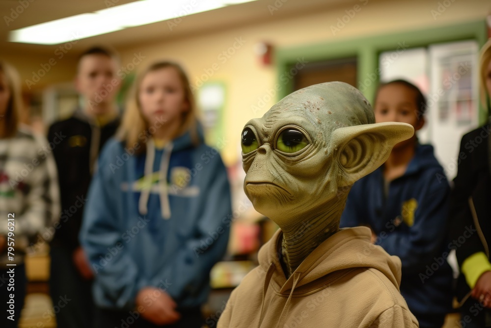 A life-like alien costume figure stands among a group of children in a classroom
