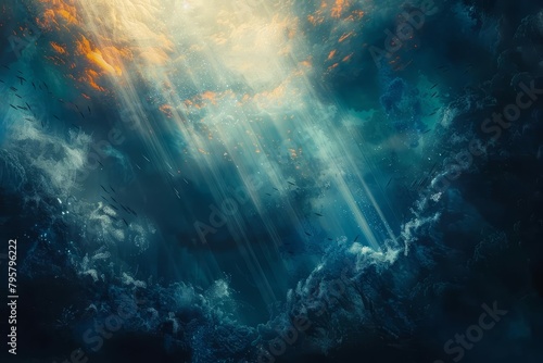 mystical underwater scene with ethereal light rays penetrating the deep blue sea digital painting