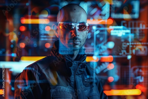 A man stands enigmatically in a neon-lit  futuristic environment with complex  digital patterns overlaying