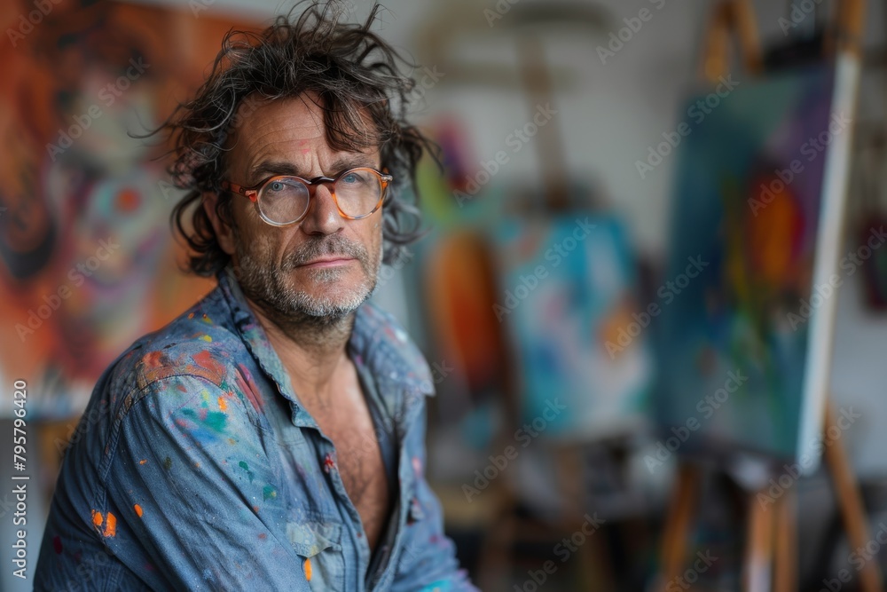 An expressive painter with smears of paint on his face and clothes, standing in his art studio An expressive painter with smears of paint on his face and clothes, standing in his art studio