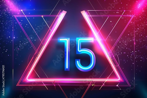 neon number 15 inside retro style triangle border vivid birthday party poster design photo