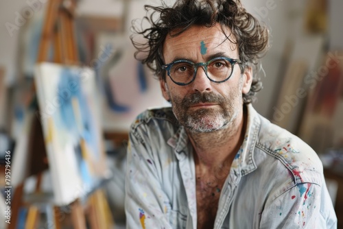 A male artist with colorful paint marks on his face and shirt stands confidently in front of his easel and art