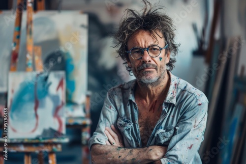 An artist stands with crossed arms amidst a cluttered art studio, paint on his face and clothes indicate his profession