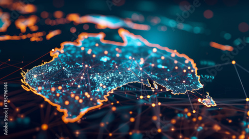 Digital representation of Australia, symbolizing international networks and connections, data transmission and digital innovation, trade exchange, knowledge and telecommunications. 