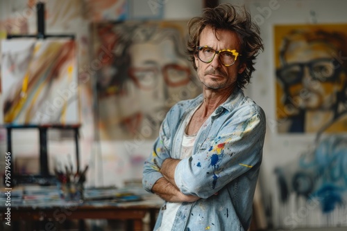 Confident male artist sports yellow protective glasses in an art-filled studio setting