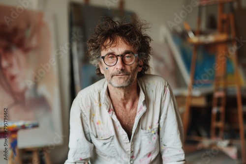 Relaxed artist with tousled hair and a calm demeanor poses in a bright art studio