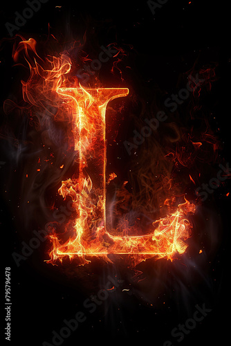 Fire font alphabet L made of burning fire letter on black background