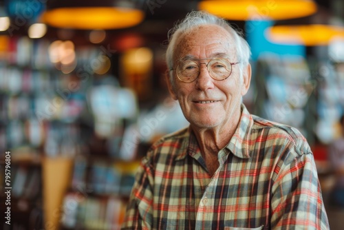 An elderly man in a plaid shirt stands with a genuine smile among library bookshelves, highlighted by a bokeh background