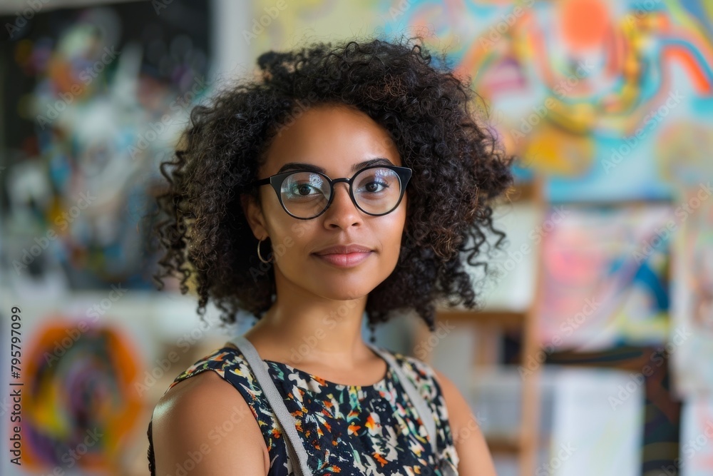 Curly-haired young woman wearing glasses stands thoughtfully in a bright art studio surrounded by colorful paintings Curly-haired young woman wearing glasses stands thoughtfully in a bright art studio surrounded by colorful paintings