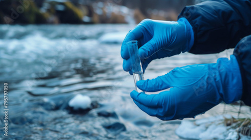 Scientist collecting water sample from a polluted river to test for contaminants photo