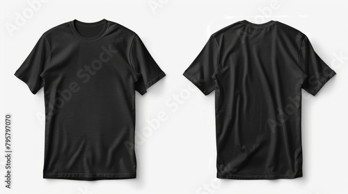 Black tshirt with a blank front and back view, mockup, white background.
