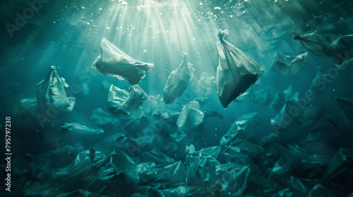 Sunlight shines through water on numerous plastic bags polluting the ocean © Michael