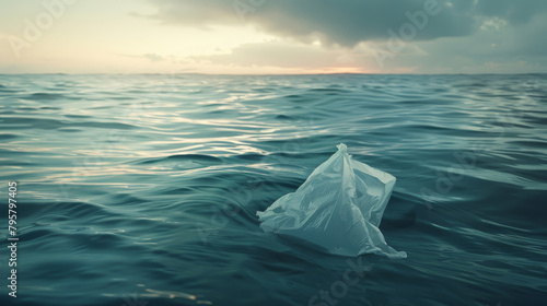 Single-use plastic bag floats on the ocean s surface at dusk  symbolizing environmental pollution