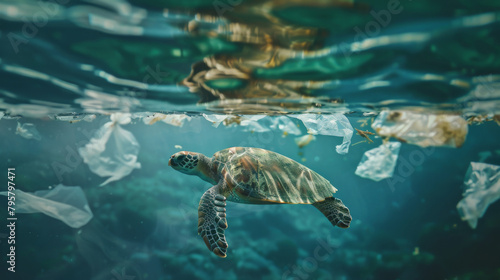 Underwater view of a sea turtle swimming through plastic waste, highlighting ocean pollution