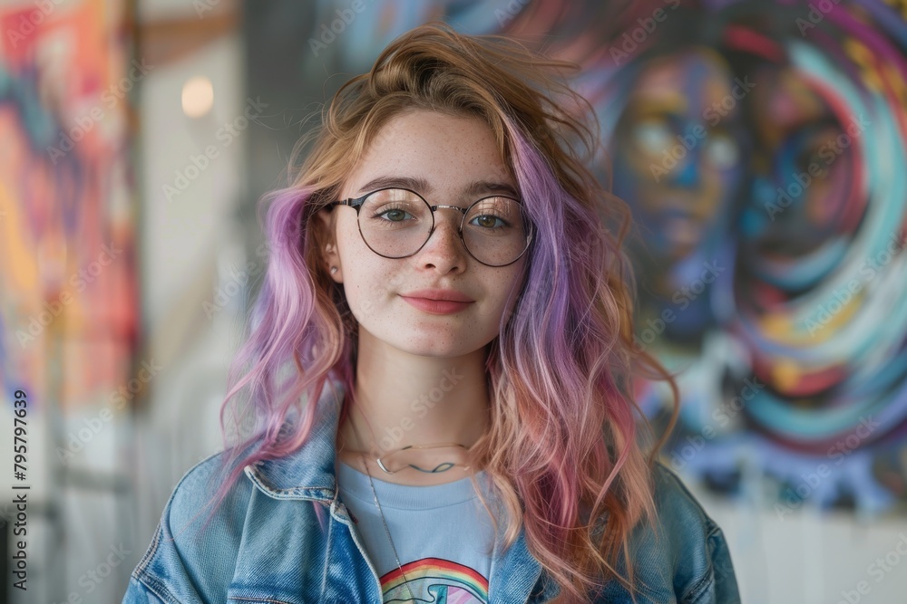 A young woman with dyed purple hair and round glasses is featured with a vibrant background A young woman with dyed purple hair and round glasses is featured with a vibrant background