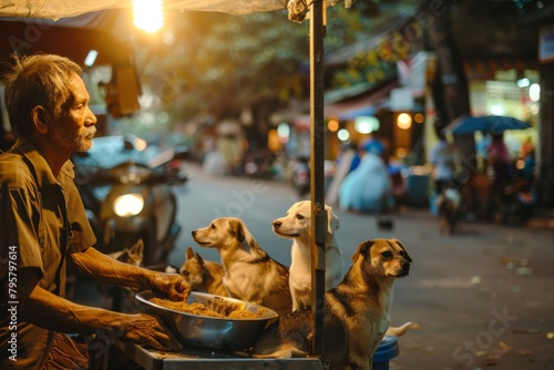 An elderly street vendor is surrounded by loyal dogs, illuminated by warm light in a bustling street setting, evoking a sense of companionship photo