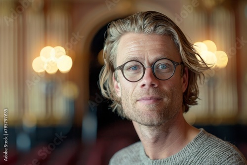 Handsome man with stylish glasses and a sweater poses with a thoughtful expression in a luxurious theater