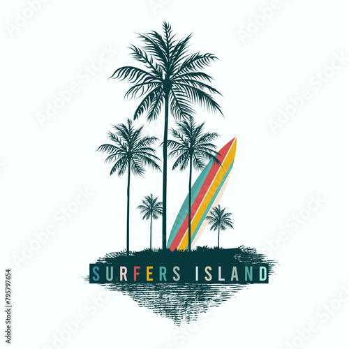 Apparel fashion vector print with palm trees and surfboard