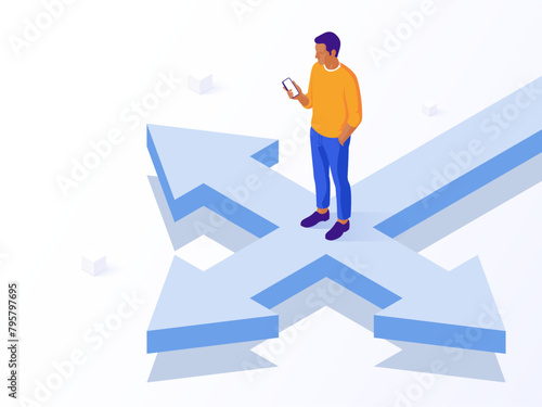 Man at crossroads with phone, choosing business path. Isometric view of decision making and navigation. Vector business illustration concept.